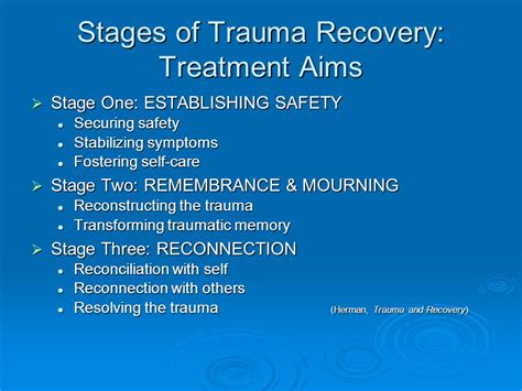 Such symptoms include, according to her formulation: Behavioral difficulties (e. . Judith herman 3 stages of trauma recovery